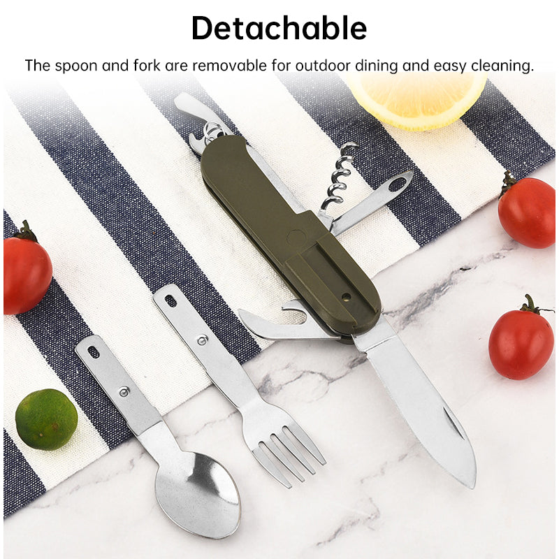 Teron 7-in-1 Foldable Stainless Steel Camp Tool – Fork, Spoon & Knife